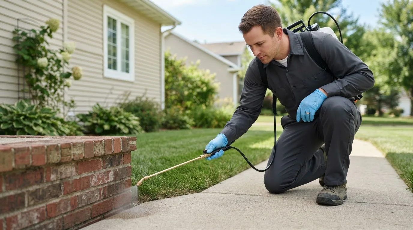 Pest control technician treating a home near East Waterboro, ME