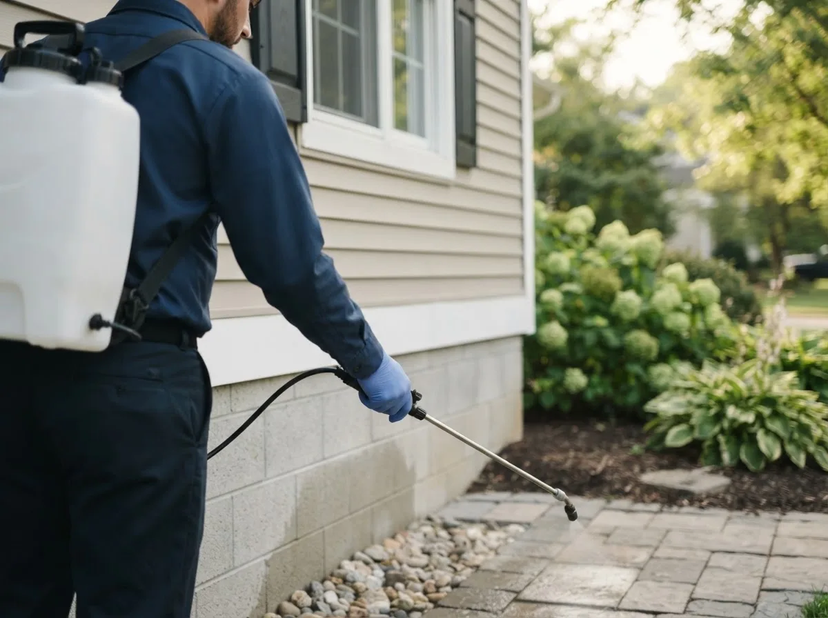 Pest control technician inspecting a home in East Waterboro, ME